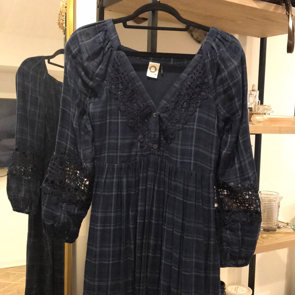 Anthropologie blue plaid dress with lace